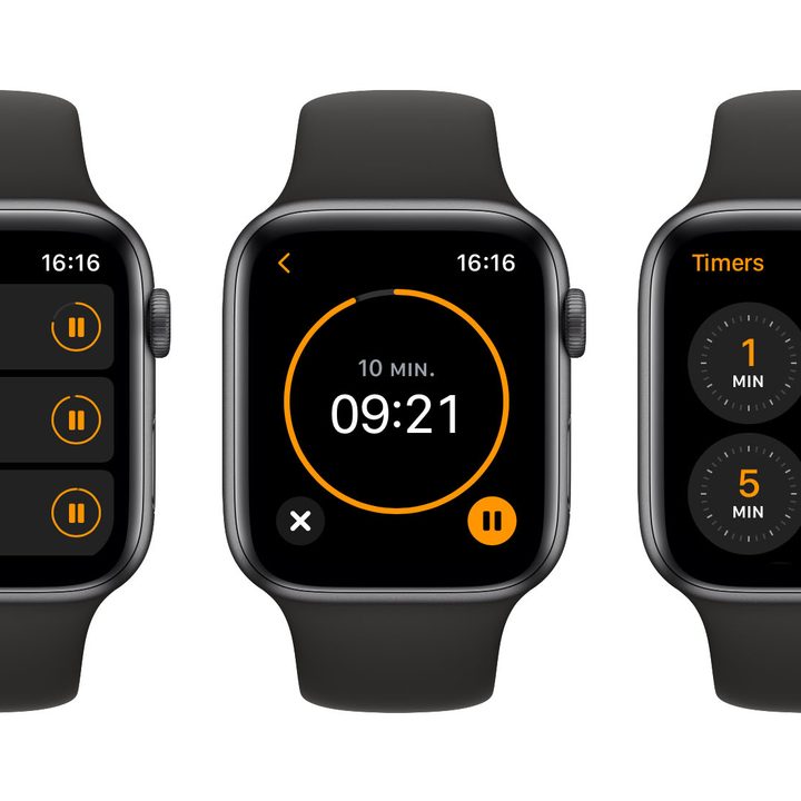 Three Apple Watches showing multiple timer settings.