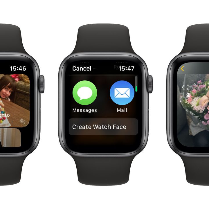 Three Apple Watches showing new photos app features.