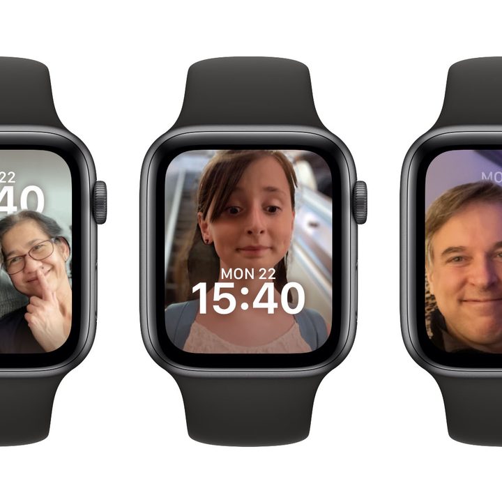 Three Apple Watches with examples of the portrait watch face.