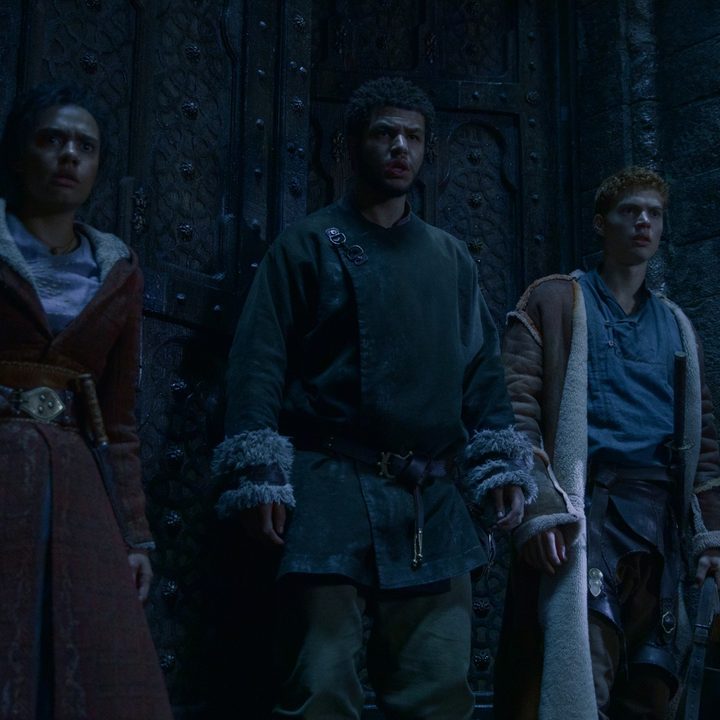 Madeleine Madden, Marcus Rutherford, and Josha Stradowski in a scene from The Wheel of Time.