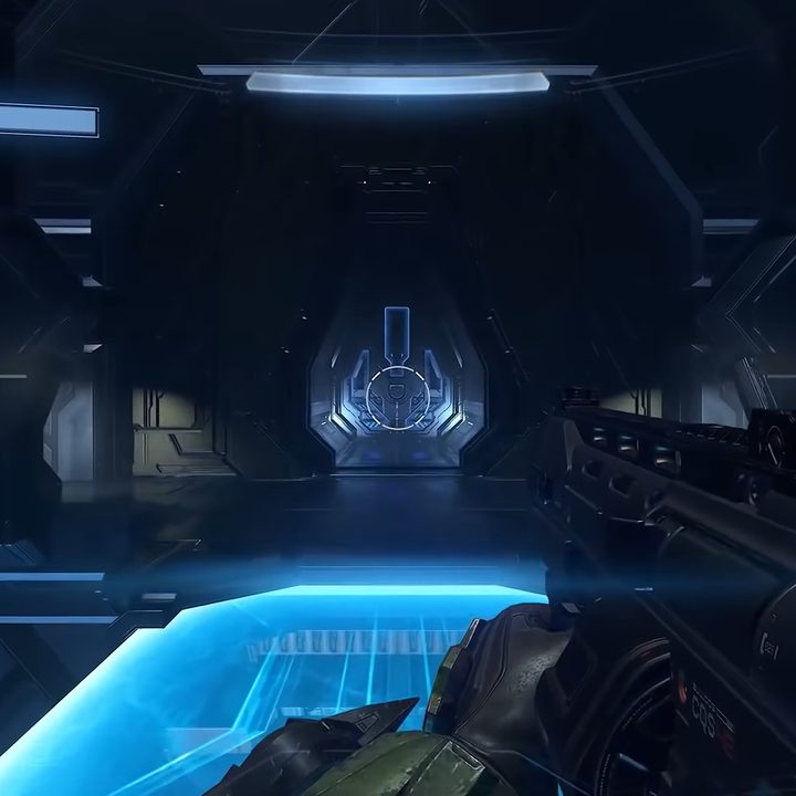 A glowing door across a light bridge.