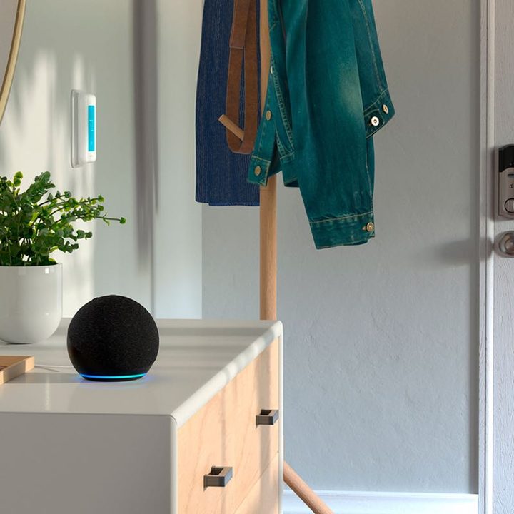 Echo Dot on an entryway table.