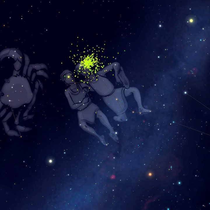 Graphic showing the radiants of 388 meteors with speeds of 35 km/s observed by the NASA Fireball Network in December 2020.