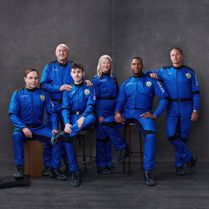 The crew of New Shepard NS-19. Pictured from left to right: Dylan Taylor, Lane Bess, Cameron Bess, Laura Shepard Churchley, Michael Strahan, and Evan Dick.