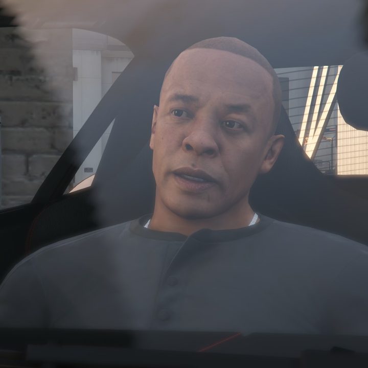Dr. Dre sitting in a car in GTA Online.