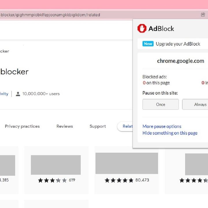AdBlock screenshot showing the browser extension in use.