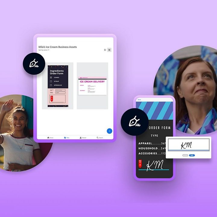 Adobe Sign promo banner with apps and tools on display.