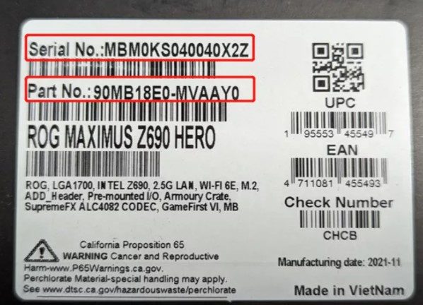 Asus motherboard serial and part numbers.