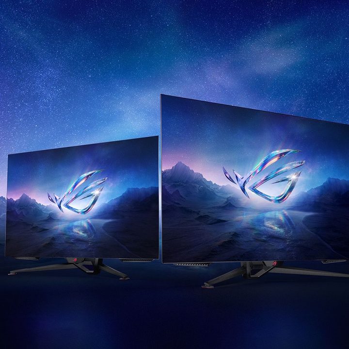 Asus ROG OLED monitors on a starry background.