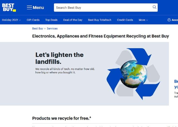 Best Buy recycling program website screenshot.