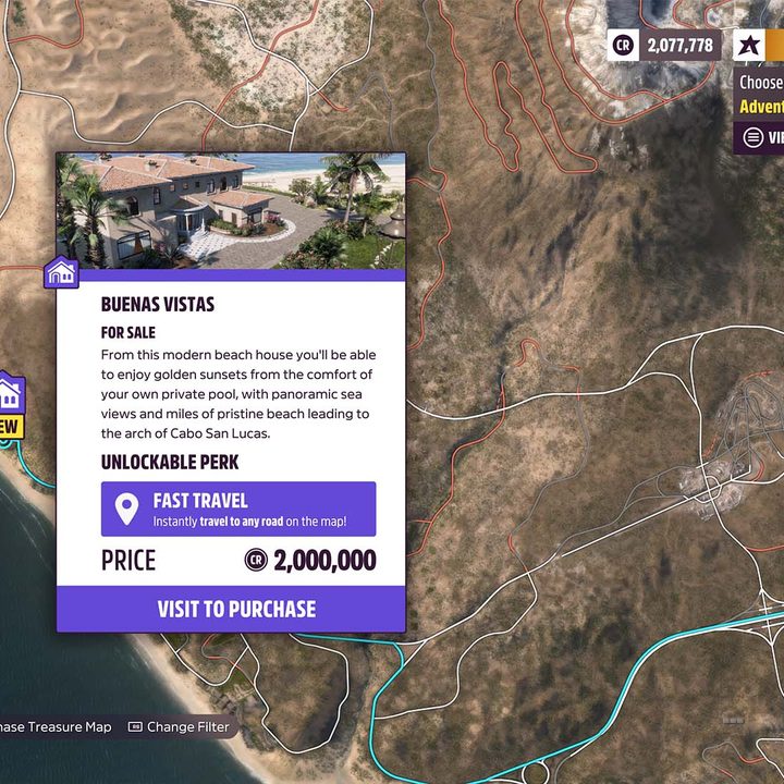 The map in Forza Horizon 5, with the Buenas Vistas hour selected
