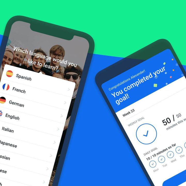The Busuu interface on two renders of phone screens.