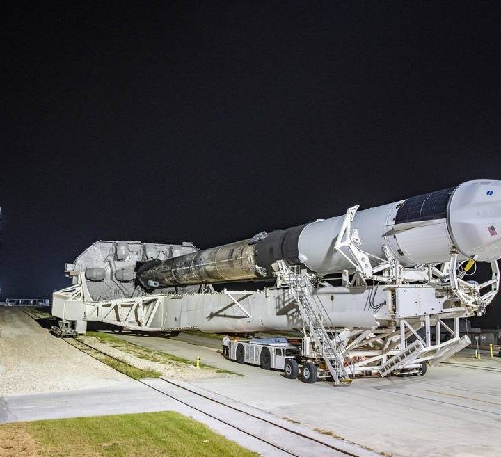 SpaceX’s Cargo Dragon spacecraft, seen atop a Falcon 9 rocket, at the launch pad at NASA’s Kennedy Space Center in Florida on Aug. 24, 2021, in preparation for the company’s 23rd commercial resupply services mission.