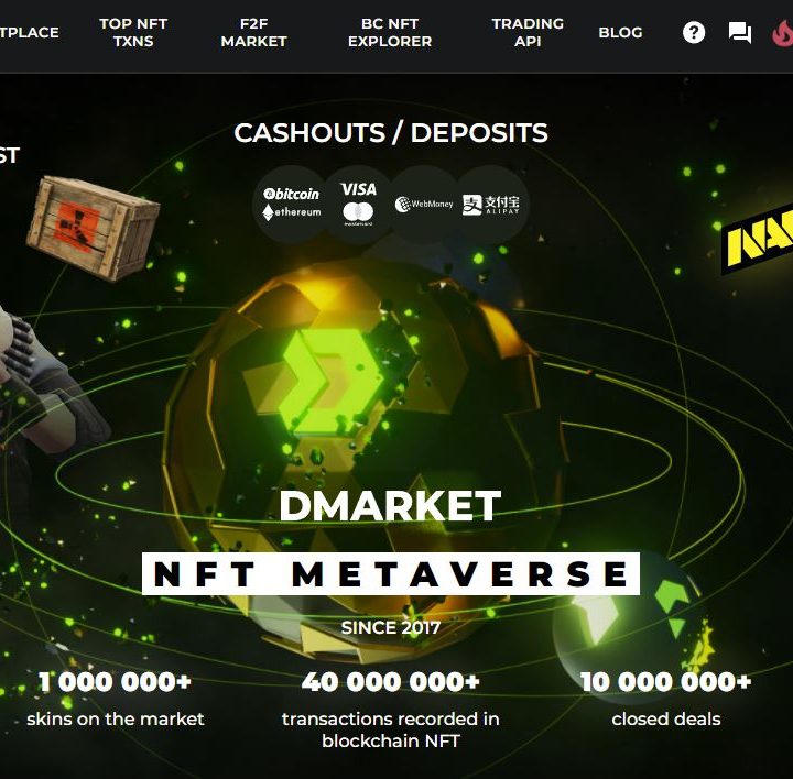 The homepage of NFT marketplace DMarket.