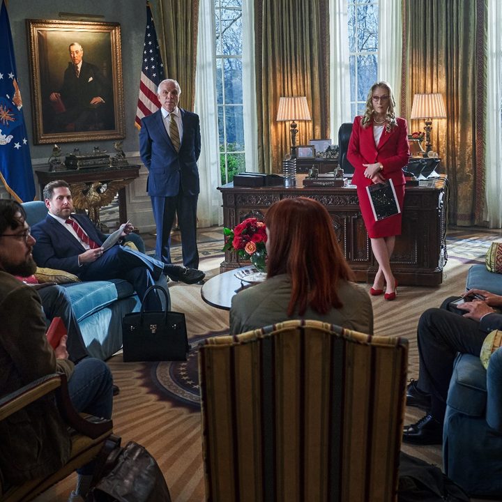 The cast of Don't Look Up pictured in the film's Oval Office.