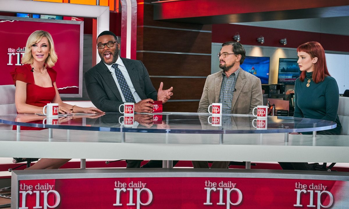 Cate Blanchett, Tyler Perry, Leo DiCaprio, and Jennifer Lawrence in a scene from Don't Look Up.