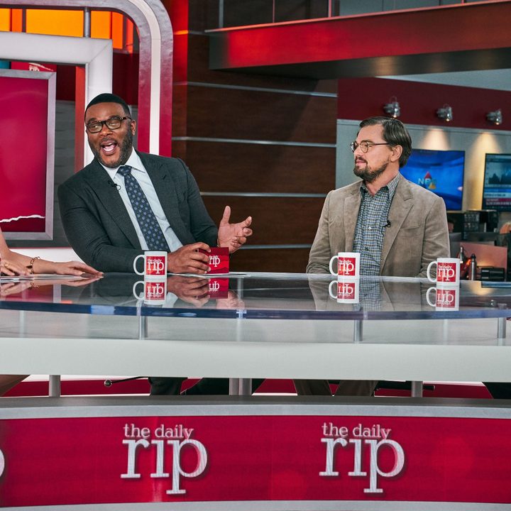 Cate Blanchett, Tyler Perry, Leo DiCaprio, and Jennifer Lawrence in a scene from Don't Look Up.