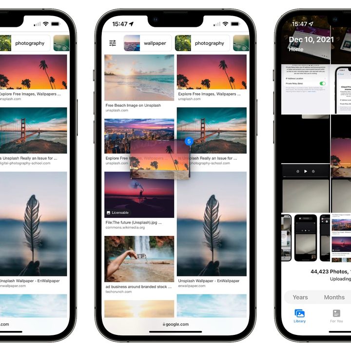 Three screens illustrating dragging and dropping images from Safari to the Photos app on an iPhone.