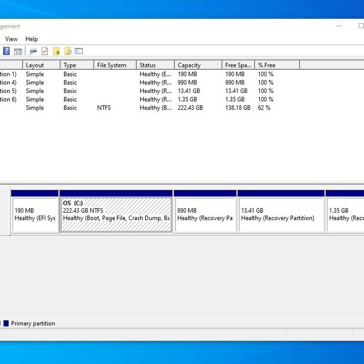 A list of disks in disk partition in Windows 10.