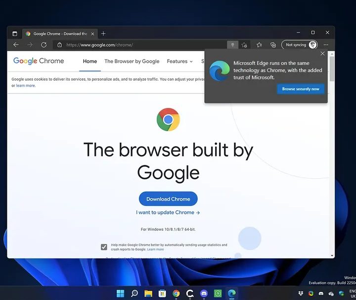 A prompt in Edge regarding Chrome.