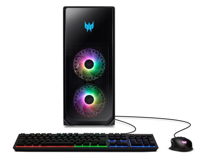 Acer Predator Orion 5000 gaming PC, keyboard, and mouse.