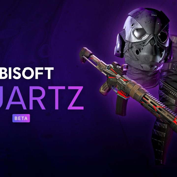 A logo for Ubisoft Quartz with a purple backdrop.