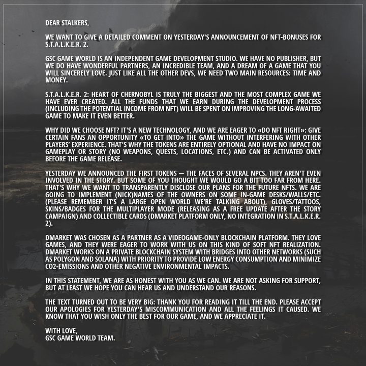 GSC Game World apology letter regarding NFTs in STALKER 2.