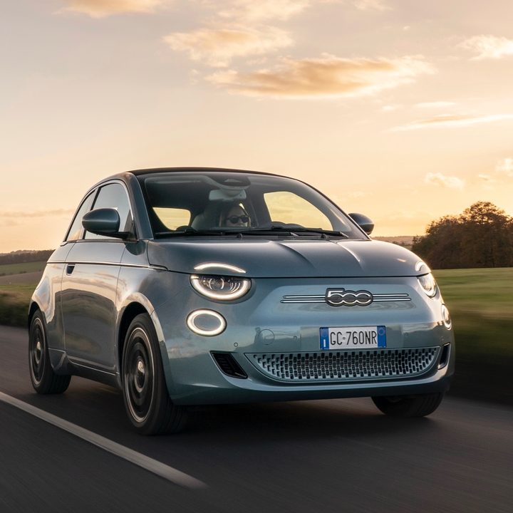 A European-spec Fiat 500 EV on the road.