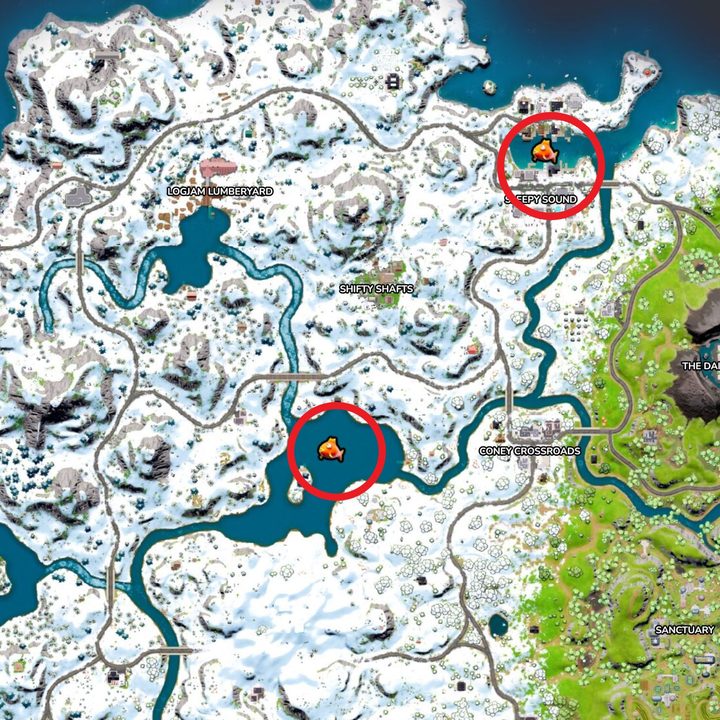 Map of lakes in Fortnite.