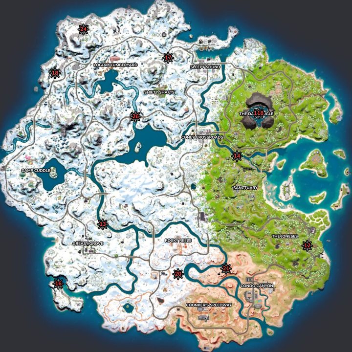 Map of Fortnite bouncer locations.