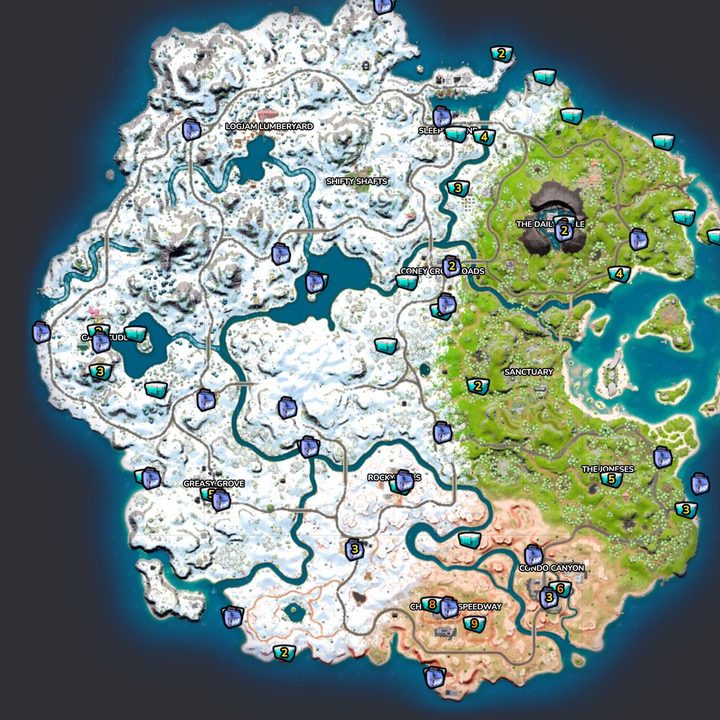 Map of Fortnite cooler locations.