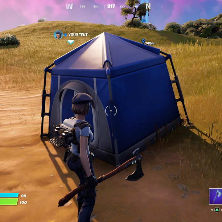 Standing by tent in Fortnite.