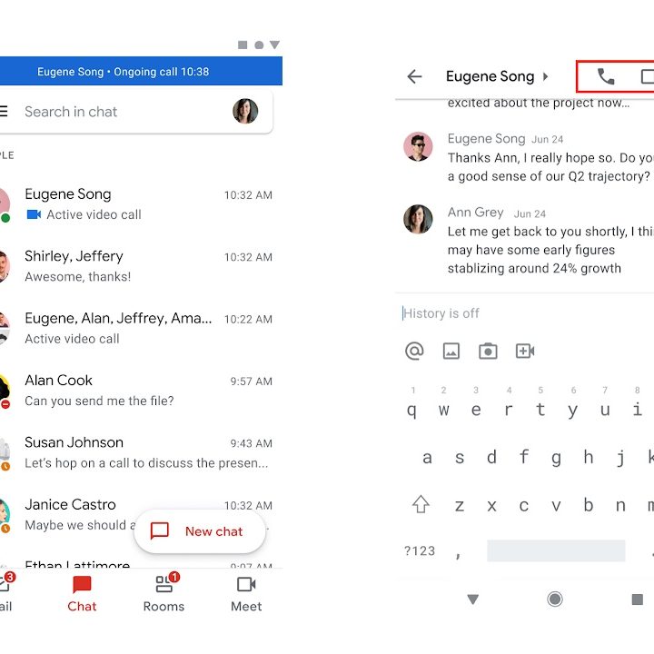 Showcasing the new Gmail options for Mail, Chat, Rooms and Meet.