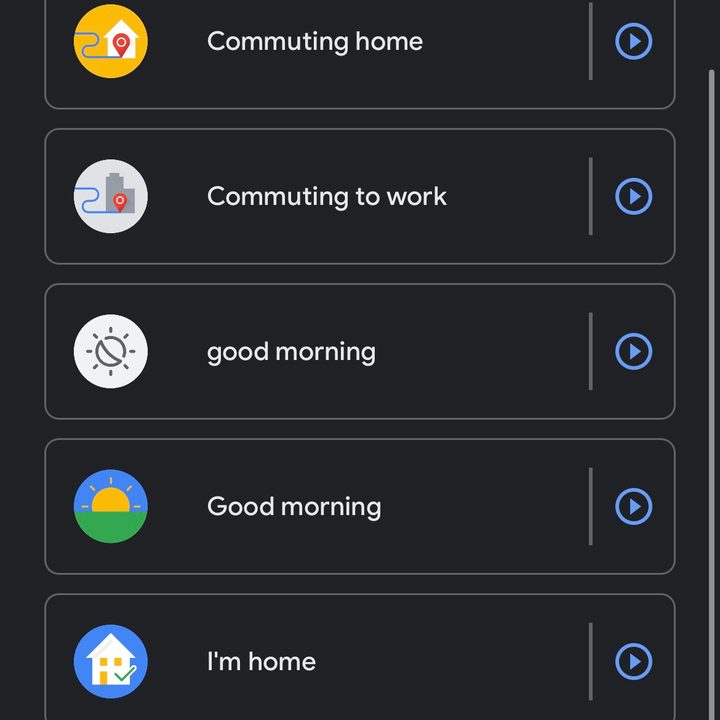 The google home routines list menu.