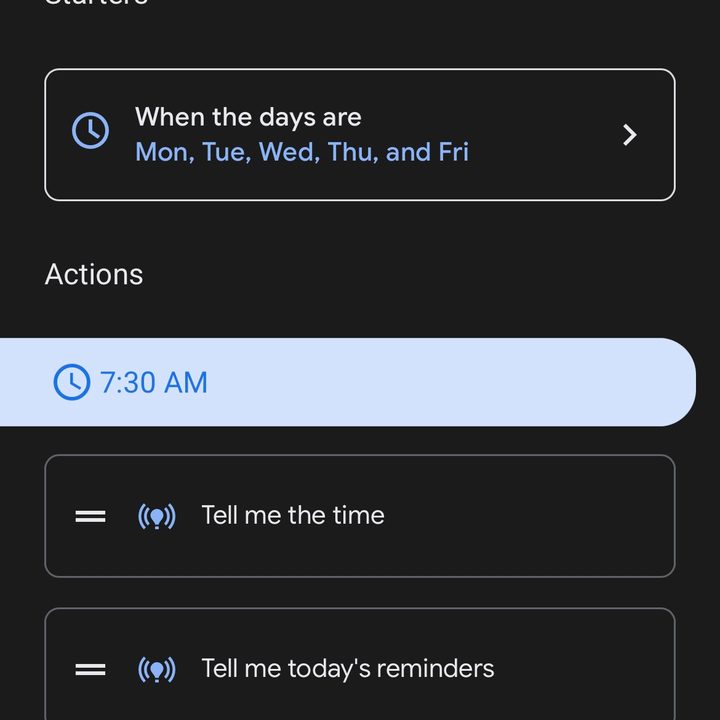 A screenshot of the google home workday routines menu.