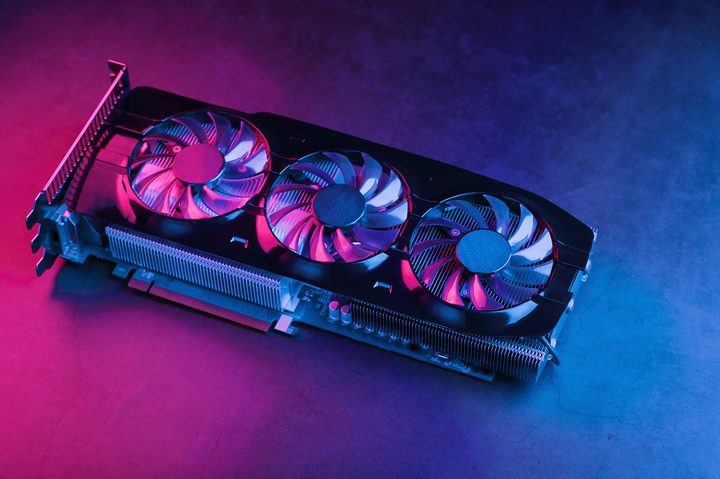 A graphics card in neon lights.