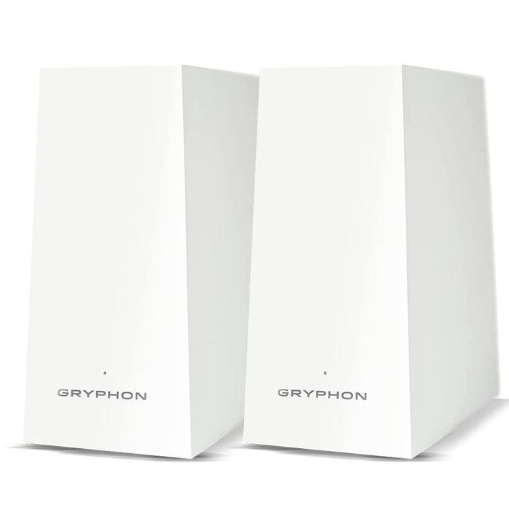 Gryphon AX Advanced Security and Parental Control Tri-Band Mesh WiFi Router AX4300 with two devices.