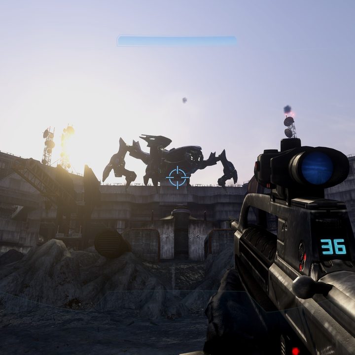 A scarab climbing over buildings in Halo 3.