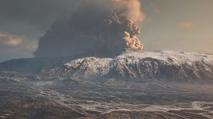 An iclandinc volcano billowing smoke.
