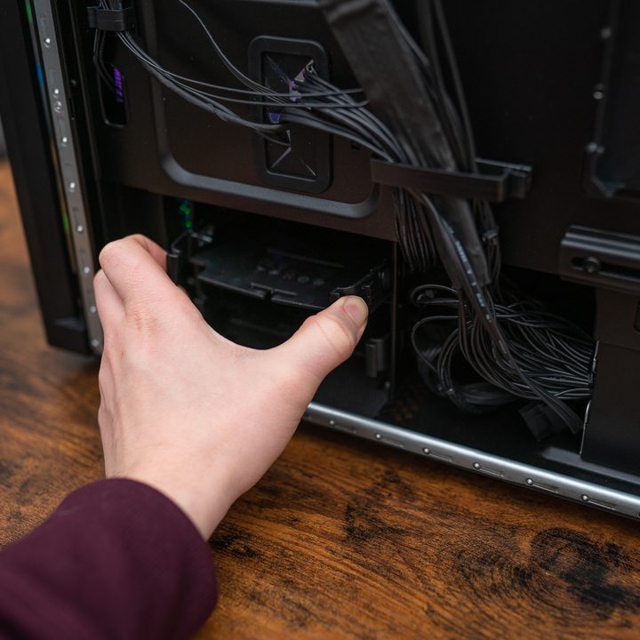 Hard drive bays in the HP Omen 45L.