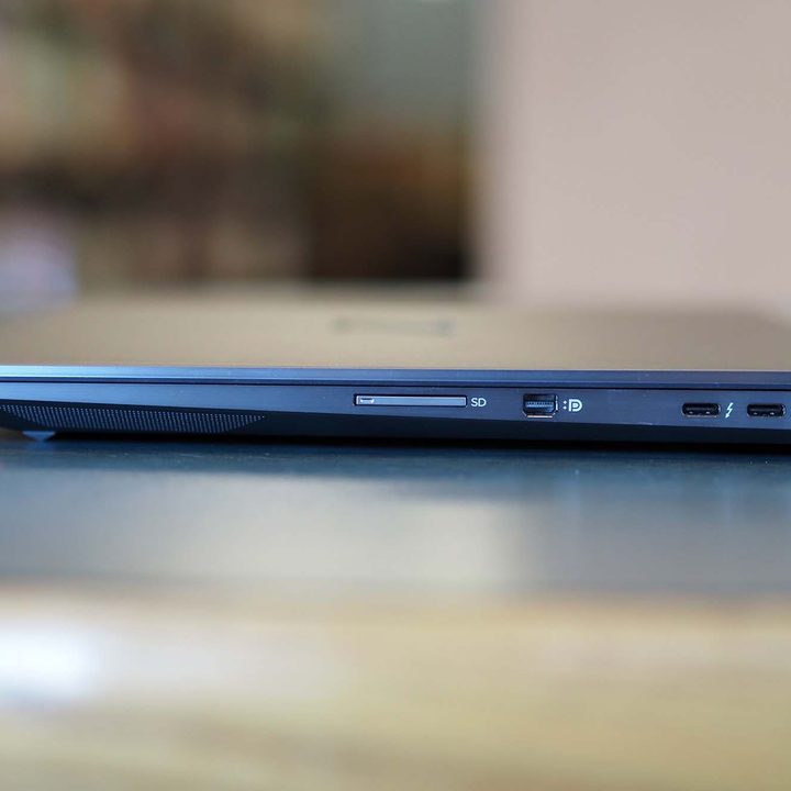 Two USB-C with Thunderbolt 4 ports, a mini-Display port connection, and a full-size SD card reader are on the right-hand side of the HP ZBook Studio G8.