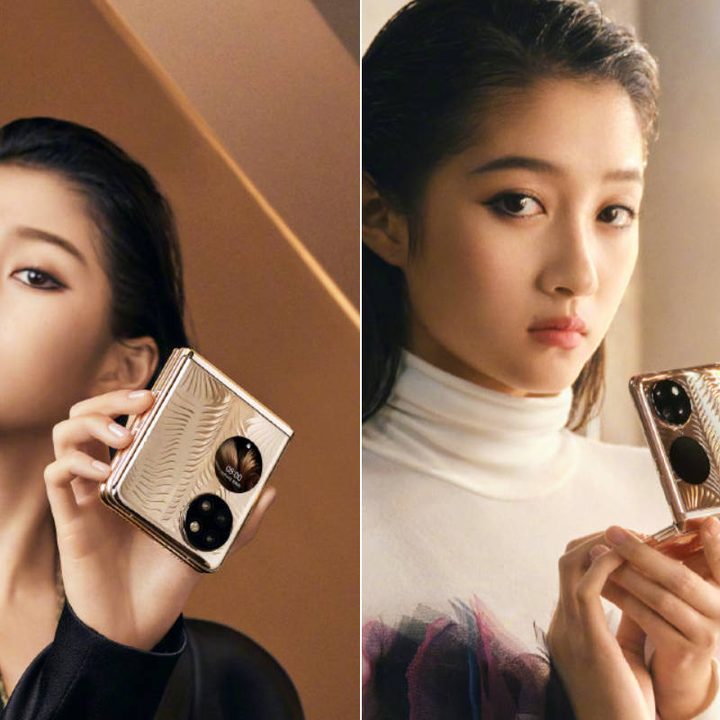 Side by side images of women displaying the HUAWEI P50 Pocket fashion.