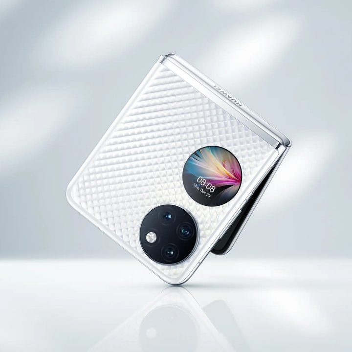 The Huawei P50 Pocket in its folded form showing the cover display and the triple camera array.