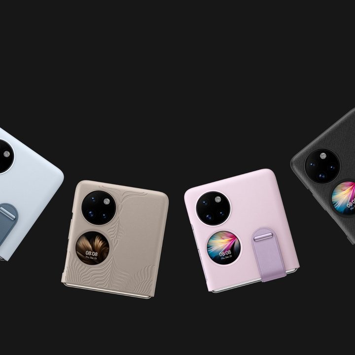 Huawei P50 Pocket and its accessory covers in various colors.