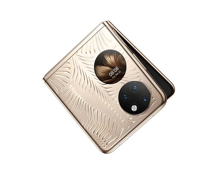 The Huawei P50 Pocket Premium Edition showing its cover display and triple cameras.