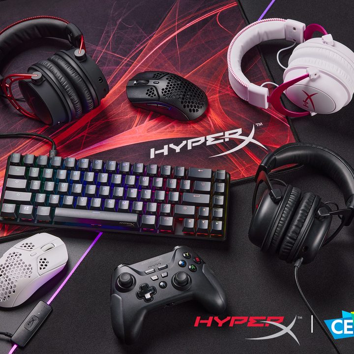 All of HyperX's CES 2022 products laid out on a table.