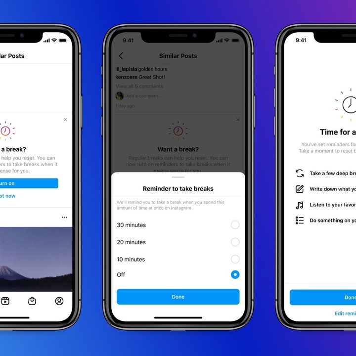 Screenshots of Instagram's newly introduced 'Take a Break' feature.