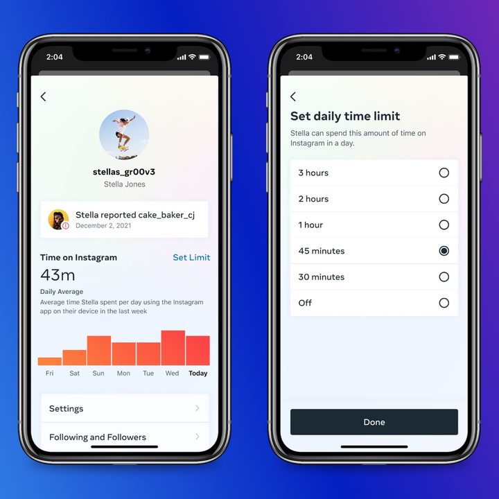 Screenshots of Instagram's upcoming parental control options.
