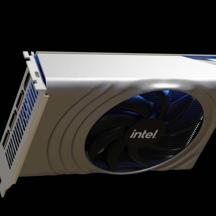 A render of the Intel Arc Alchemist graphics card.
