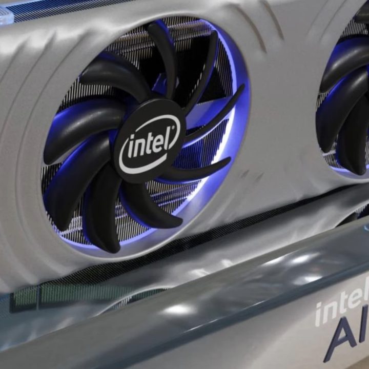 A render of an Intel Arc Alchemist graphics card.